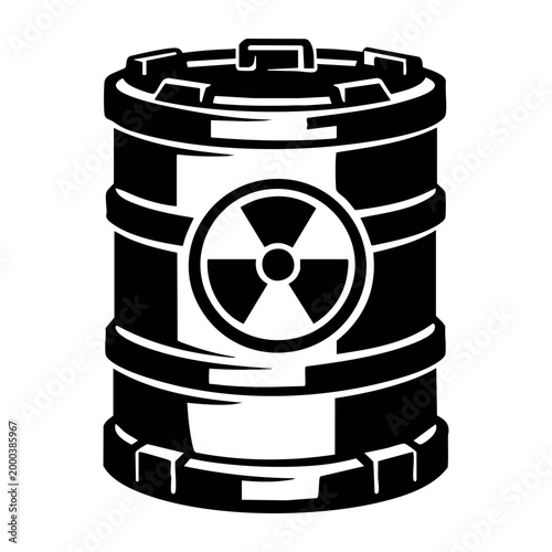 Radioactive waste barrel icon illustrating nuclear hazard, toxic material, and dangerous goods storage. Black and white graphic