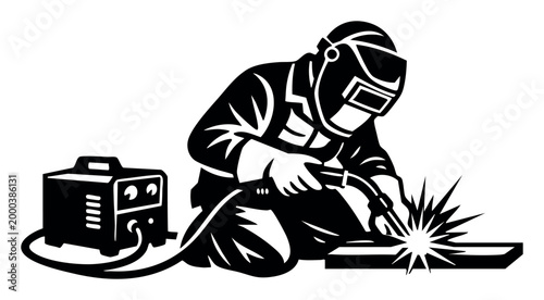 Welder working with metal, creating sparks with an arc, depicting construction, manufacturing, and skilled trade work