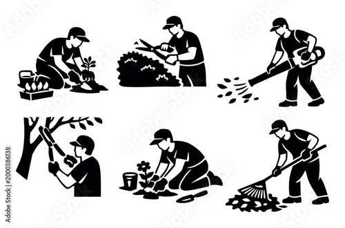 Gardeners working on landscaping and yard maintenance. Icons showing workers using tools for planting flowers, pruning trees, and clearing leaves