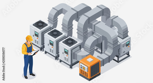 Isometric Industrial HVAC System Inspection with Technician