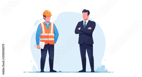 Businessman and construction engineer standing together illustration