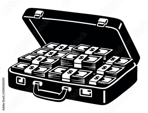 Open briefcase showcasing stacks of dollar cash bundles, symbolizing financial abundance, wealth, and illegal money transfer