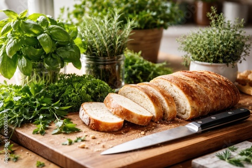 Fresh herbs alongside slice...