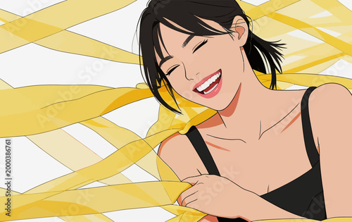 Joyful young woman laughing happily with yellow ribbons around her