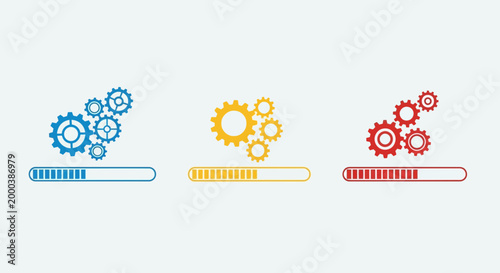 Industrial Process Loading Bars with Gear Icons in Three Colors