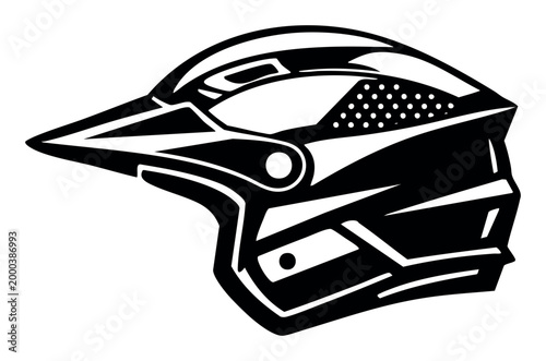 Motocross helmet icon in a stark black and white style, emphasizing head protection, safety, and action sports