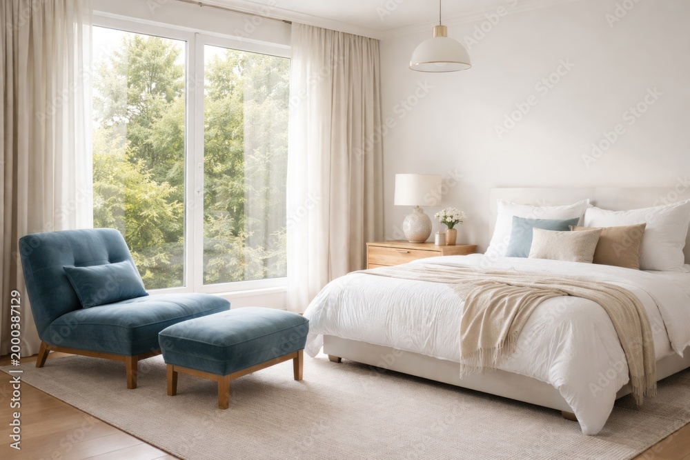 Fototapeta premium Bright room with blue lounge chair wood nightstand and white bed near window