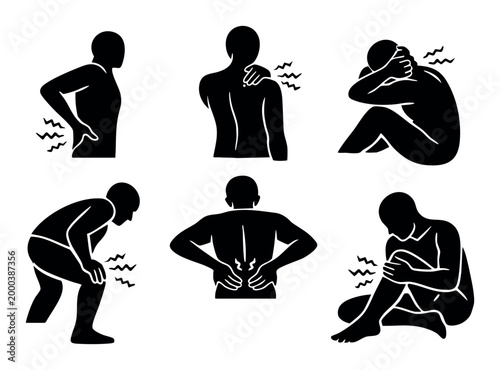 Silhouettes of people experiencing different forms of body pain, highlighting joint discomfort and injury symptoms
