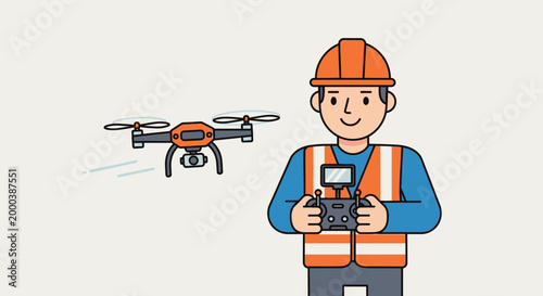 Construction Worker Operating Industrial Drone Vector Illustration