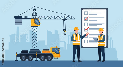 Construction Workers Reviewing Safety Checklist with Mobile Crane