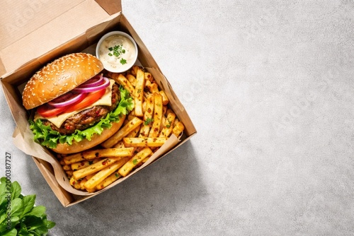 Above frame showing a vegan burger paired with seasoned fries in a meal box and blank copy space