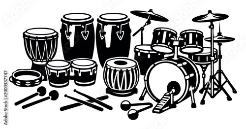 Large collection of diverse percussion instruments and a full drum kit for rhythmic music, concerts, and studio sessions