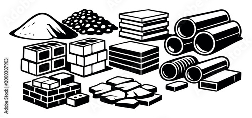 Variety of building supplies, such as stacks of sand and gravel, cement blocks, classic bricks, wooden planks, natural stone, and pipes