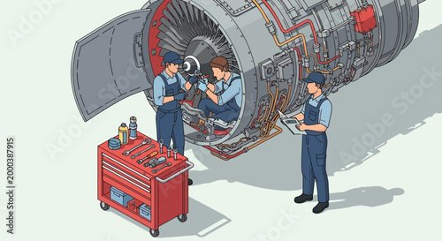 Isometric Aircraft Engine Maintenance and Repair Illustration