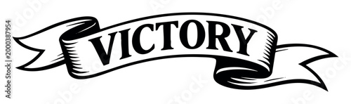 Monochrome ribbon banner featuring the word Victory, symbolizing success, achievement, and conquering