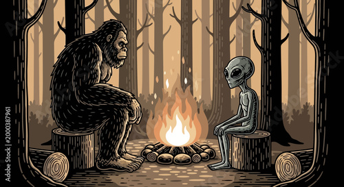 Sasquatch and Grey Alien Sitting Around a Forest Campfire