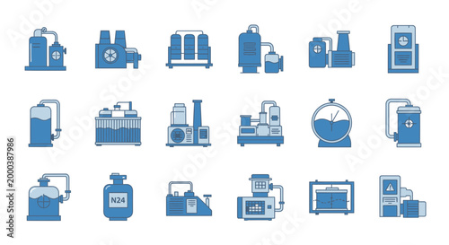 Blue Industrial Equipment and Chemical Factory Icon Set
