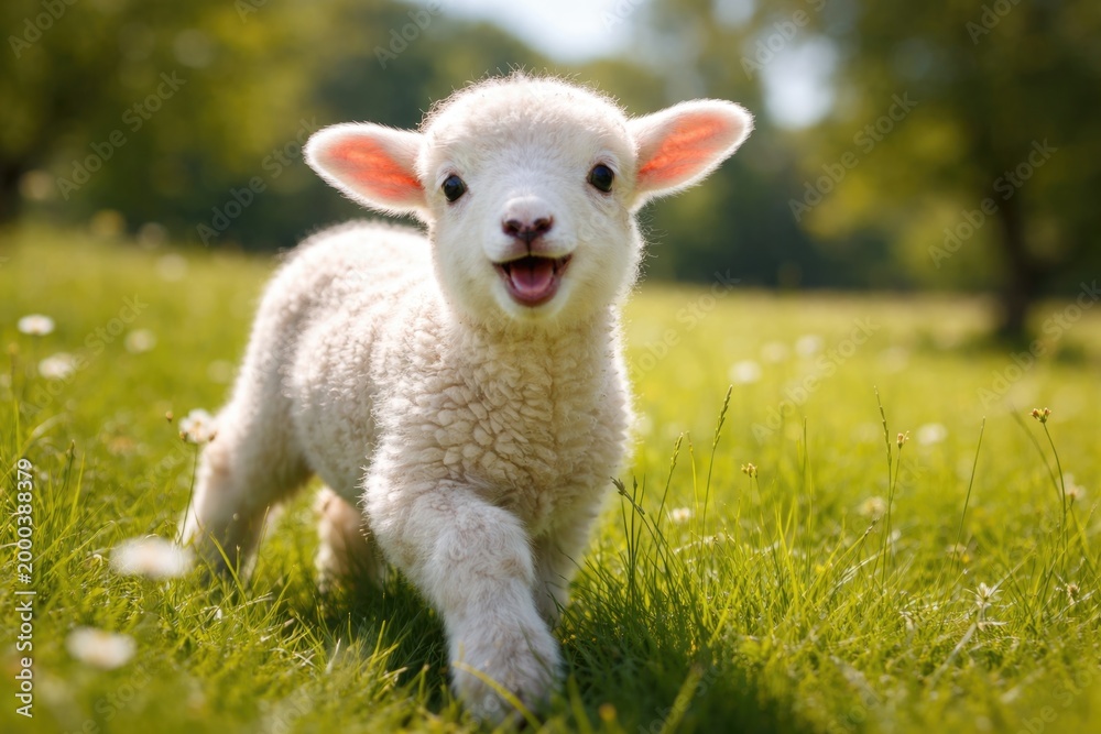Obraz premium cheerful lamb exploring a lush grassy field on a bright day