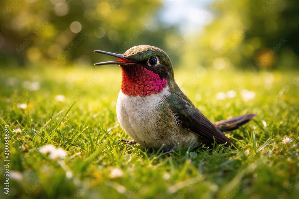 Fototapeta premium Cheerful pet hummingbird perched playfully on fresh green grass during a sunny summer day