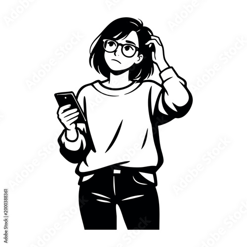 Woman wearing glasses scratching head, pondering or feeling confused while holding a smartphone. Thinking about solutions, error, or bug
