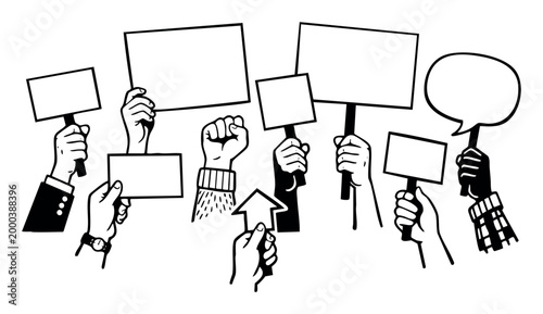People's hands raising blank placards, a fist, and a speech bubble, symbolizing collective protest, activism, and demonstration