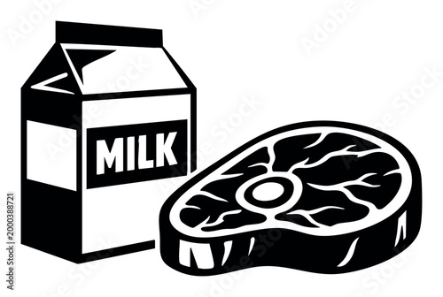 Milk carton and meat steak icon representing common grocery items, protein sources, and dietary staples in simple vector art