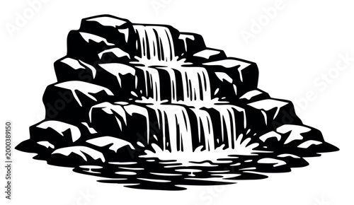 Waterfall vector illustration showing water flowing over multiple rock layers, creating a natural cascade in a black and white style