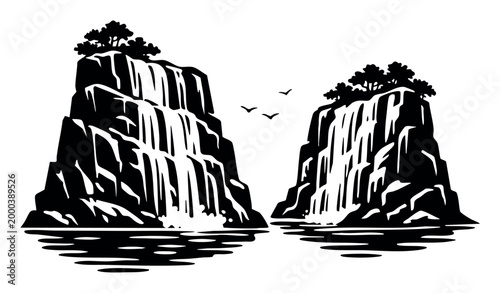 Two waterfalls rushing over rugged mountains, reflecting in the water below, with birds flying over the serene nature