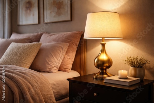 Golden lamp resting on dark...