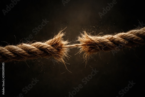 Close perspective of a rope threadwear showing imminent breakage against dark matte background