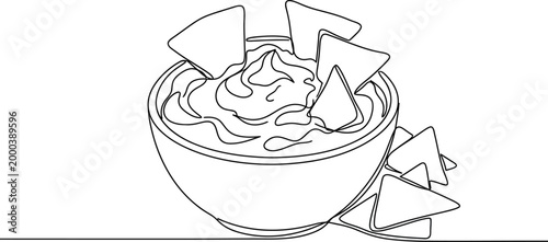 Minimalist one line drawing of tortilla chips and dip bowl.