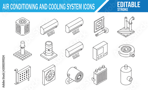 Minimal Air Conditioner Line Icons Set with Climate Control and Refrigeration Symbols