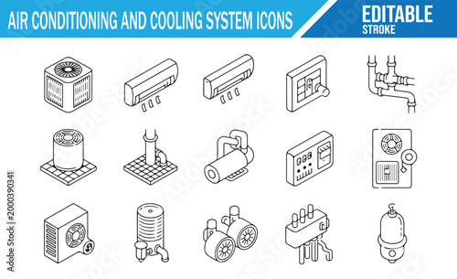 Industrial Cooling and HVAC System Outline Icons for Engineering and Building Design