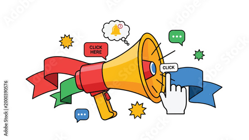 Colorful cartoon megaphone with ribbons.