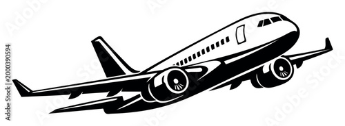 Passenger airplane ascending or descending with engines visible. Flat black and white illustration of air travel, transport, and tourism