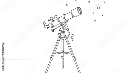 Vector line art illustration of a professional telescope on a tripod under a starry sky.