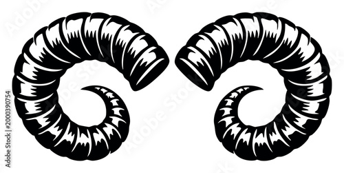 Pair of black ram horns, an illustration symbolizing power, strength, wild animals, and aggressive masculinity