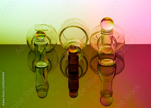 Still life with glass dishes and balls