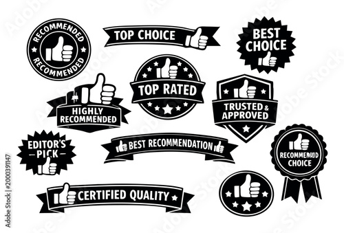 Set of vector badges and labels with thumbs up gesture, indicating product recommendation, best choice, and quality assurance