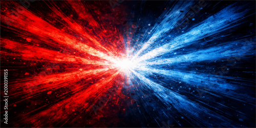 A vibrant artistic display of contrasting energy featuring fiery red and cool blue light, representing a creative clash of forces, with a bright light in the center. 