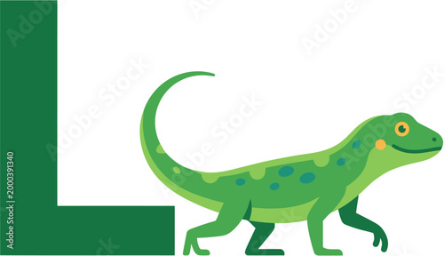 Green Lizard Walking Next To A Large Letter L Illustration