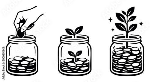 Hand placing coin into a money jar, showing the process of saving, initial investment, and a plant growing illustrating financial growth