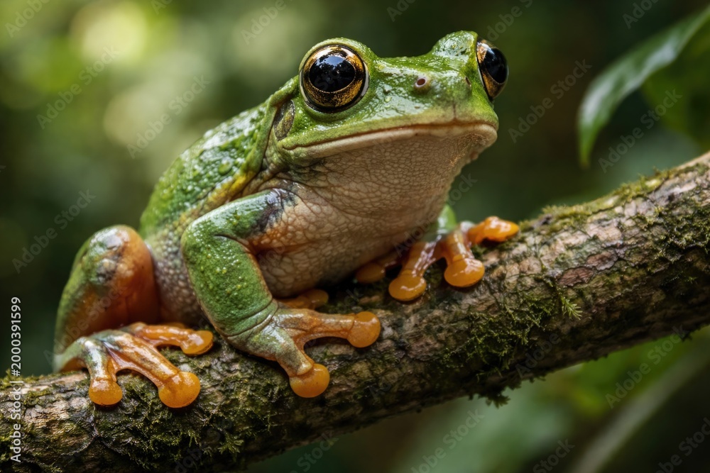 Fototapeta premium Detailed portrait of tree frog sitting on branch