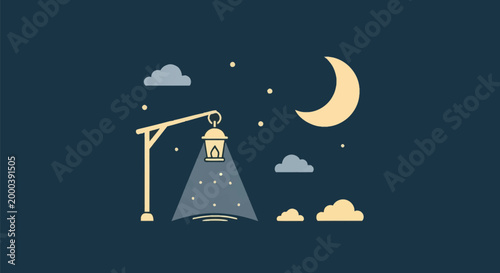 Stylized vector illustration of a night scene with a crescent moon, stars, and clouds in the sky, featuring a wooden lamppost with a hanging lantern emitting light on dark blue background.