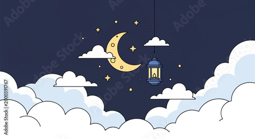 Stylized vector illustration of a yellow crescent moon and a hanging blue lantern with glowing flame set against a dark blue night sky with white fluffy clouds and scattered yellow stars.