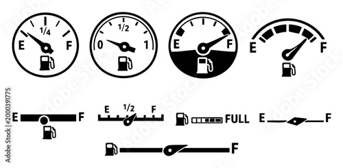 Fuel level indicators for automobile dashboards, depicting different designs and gas tank quantities from empty to full