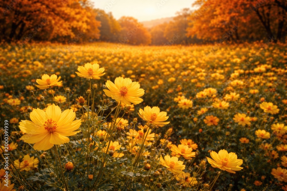 Obraz premium Bright yellow cosmos flowers spread across autumn landscape with copy space