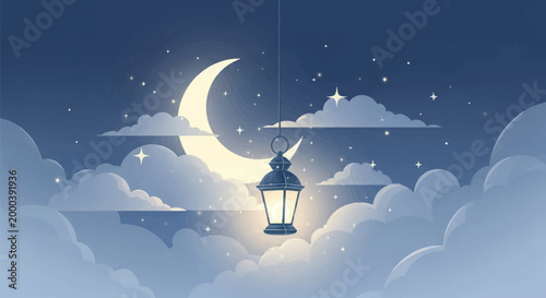 Vector illustration of a crescent moon in a dark blue night sky with fluffy clouds, sparkling stars, and a blue vintage lantern hanging in the center with a warm glowing light.