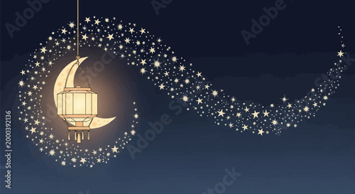 Vector illustration of a glowing hanging lantern in front of a crescent moon with a decorative swirling trail of golden stars against a dark blue night sky gradient background.