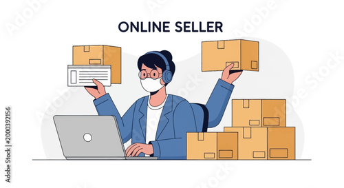 Flat vector illustration of a multitasking online seller with multiple arms wearing a face mask and headset, managing shipping boxes and invoices while using a laptop computer.